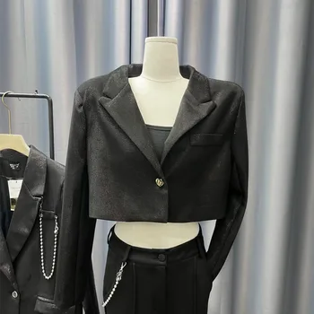 0507# sieviešu atloks apkakli vienu pogu īsā mazo uzvalks jaka biroja dāmas melnā krāsā mini tops ar garām piedurknēm unikāls jaka y2k