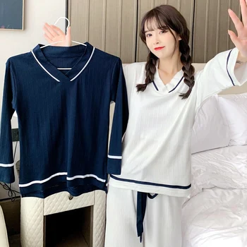 2022. gada Pavasarī, Rudenī garām Piedurknēm Gudrs V-veida kakla Kokvilnas Pidžamas Komplekti Sievietēm Sleepwear Uzvalks Pyjama Homewear Pijama Mujer Mājas Drēbes