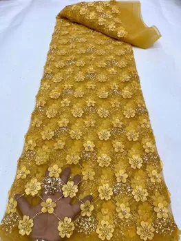 2023 Dzeltena Jaunāko Augstas Kvalitātes Elegants 3D Āfrikas Izšuvumi Tilla mežģīņu Audums Kāzu Kleita