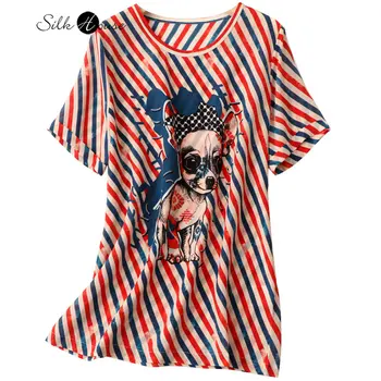 2023 Sieviešu Modes Vasarā Jaunā Zīda Īsām Piedurknēm Apaļu Kakla T-krekls Vecuma Samazinot Svītru Zīda Drukāt Top Plānas Krekls