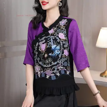 2023 ziedu izšuvumi retro piegarša uzvalks blūze tradicionālā ķīniešu vintage žakarda satīns hanfu topi, jaka etniskā stila krekli