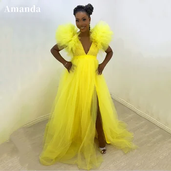 Amanda Sexy Pusē Sadalīt Vestido De Novia Hydrangea Plecu Prom Kleita ar V-veida kakla Balles Kleitu 2023 Gaiši Dzeltenā فساتين مناسبة رسمية