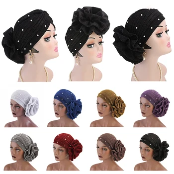 Cepures Turban Cepuri Indijas Cepuri Spilgtu Zīda Ziedu Hijabs Liela Ziedu Modes Pērļu Cepures Hijabs Klp Elastīgās Matu Aksesuāri