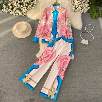 Clothland Sievietēm Eleganto Paisley Drukas Rozā Tērps ar garām Piedurknēm Krekls, Garās Bikses Gadījuma Modes Divas Gabals, kas TA043