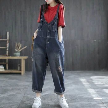 Džinsa Jumpsuits Sievietēm korejiešu Stilā Vintage Playsuits Plaša Kāju Bikses Vaļīgas Bikses Lielgabarīta Kombinezons Sieviešu Apģērbu