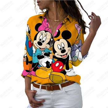 Elegants Temperaments Krekls Modes Iela Disney Drukāt Brīvs Krekls Gadījuma Garām Piedurknēm Top Minnie Mickey Mouse Drukāt Garām Piedurknēm