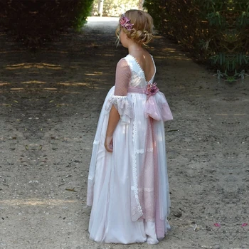 FATAPAESE Pasaku Flower Girl Dress Vintage Princese Mežģīņu Ziedu Kokvilnas Auduma Lente Jostas Bridemini Līgavas Kleita WeddingParty