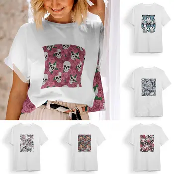 Galvaskausa Modeli, Tipogrāfijas Krāsu Dāmu T-Krekli Ar Īsām Piedurknēm Sieviešu Vasaras Apģērbu Gadījuma Sieviešu T-Veida Negabarīta T Krekls Topi Harajuku