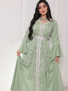 Indija Turcija Musulmaņu Abaya Kleitas, Sievietēm, Eleganta Dimanta Kāzu Vakara Puse Kleita Mežģīņu Siksnas Abaya Maroka Caftan Drēbes