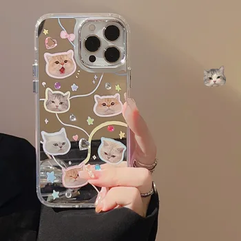 Korejas Cute Kaķi, Spogulis, Telefons, Gadījumā, iPhone 11 Lieta iPhone 14 Pro 13 12 Pro Max 14, Plus Jauki Dzīvnieku Triecienizturīgs Vāks Buferi