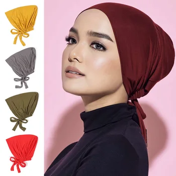 Kravu Elastīgu Zemāko Klp Regulējams Mežģīnes-up Cepure Ikdienas Elpojošs Hijab Cepuri Musulmaņu Sieviešu Elegants Tīru Krāsu Turban Vāciņi