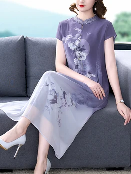Lillā Šifona Vasaras Sieviešu Midi Kleita Vintage Ziedu Korejas Modes 2023 Festa Luxo Elegantā Kleitas Puse Slim Cheongsam