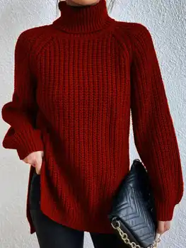 Modes Gadījuma Vintage Džemperis Ar Garām Piedurknēm Zaudēt Lielgabarīta Džemperi Korejas 2023 Augstu Uzrullētu Apkakli Adīti Topi, Sieviešu Rudens Džemperis