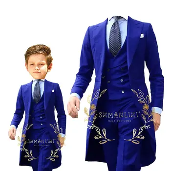 Oficiāli Royal Blue Zēnu Uzvalku 3 Gabals Puse Kāzu Uzvalku Bērnu Jaka, Bikses, Vestes Pasūtījuma Izgatavotu Bērniem Kostīmu 3-16 Gadiem