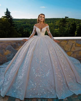 Pie Pleca Kāzu Kleitas 2023 V-veida Kakla ar garām Piedurknēm Visā Spīdīgu Fāzēm, Vizuļi Mežģīnes Princese Bumbu Kleita vestidos de novia