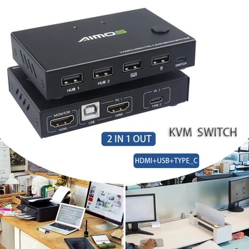 Plug and Play USB Slēdzis Spēle slēdzis 4Kx2K@30Hz TIPS-C/HDMI saderīgas KVM komutatoru Divi datori koplieto vienu monitoru, 2 In 1 No