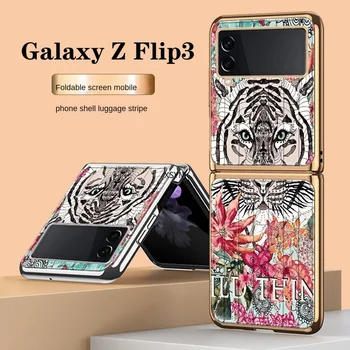 Puķu + Tiger Stripe Krāsotas Aizsardzības Gadījumā, Samsung Z Flip3 Triecienizturīgs Telefona Gadījumā Galaxy Z Flip3 5G Stikla Telefonu Gadījumā