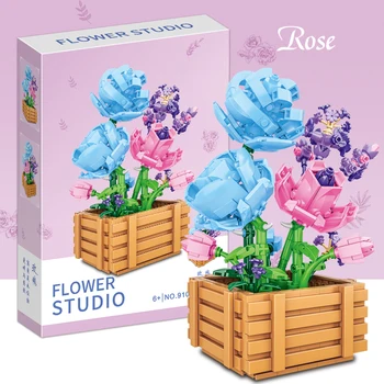 Rožu DIY Modelis Mikro Celtniecības Bloki Mākslīgo Augu Podos Simulācijas Ziedu Romantiska Rotaļlietas Valentīna Dienas Dāvana Draudzenei