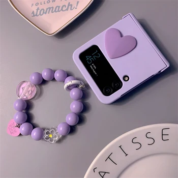 Samsung Galaxy Z Flip 4 3 5G Modes Gudrs korejas Violeta Krelles, Rokassprādzi Ķēdes 3D Mīlestību Sirdī Viru Triecienizturīgs Lietu Vāku