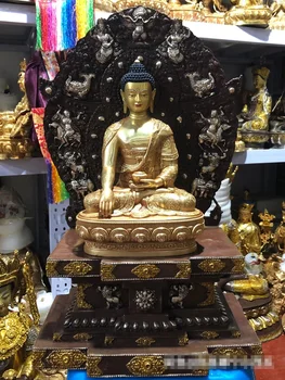Vairumtirdzniecības Budistu piegādes 55CM liela misiņa Budas statuja iestatījumu platforma, 30cm augstas kvalitātes kokgriezums Sakiamuni Buda statuja