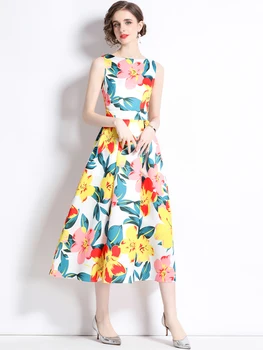Vasaras Dizaineru Skrejceļa Ziedu Drukāt Midi Tvertne Kleita Sievietēm 2023 Modes Bez Piedurknēm Gadījuma Brīvdienas Vestidos Aline Drēbes Femme