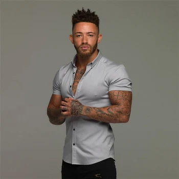 Vasaras Modes Piedurknēm Krekls Vīriešu vienkrāsainu Super Slim Fit Vīriešu Sociālās Uzņēmējdarbības Kleita Krekls Vīriešu Fitnesa Sporta apģērbu