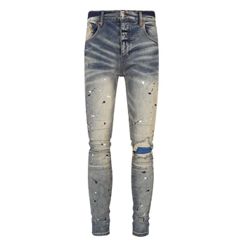 Vasarā Jaunas Ielidošanas Modes Iela Vīrieši ir Dubļu Krāsas Izdilis Problemātisko Džinsi Visu maču Splash-tintes Slim Jeans Džinsa Bikses Vīriešiem