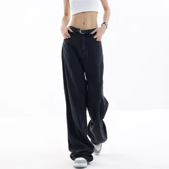 WCFCX STUDIO korejas Modes Mamma Sieviešu Džinsa Bikses Y2k Vintage Harajuku Džinsi Streetwear Black Baggy Ērtas Bikses