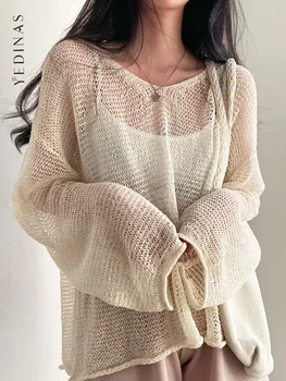 Yedinas Tievu Sieviešu Džemperis Brīvs Džemperis Ar Garām Piedurknēm 2022 Dāmas Dobi Caurumā Streetwear Adīt Džemperis Sievietēm Korejas Modes